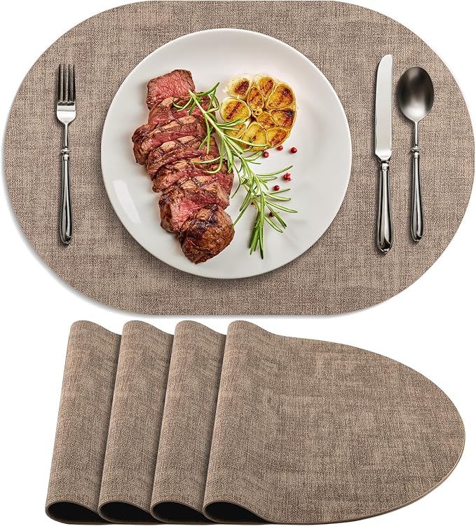 Placemats Set of 4 Non-Slip, Heat Resistant Oval Faux Leather Place mats Double Layer, Waterproof Table Mats Easy to Clean for Kitchen Dining Room Coffee Office Table, Apricot