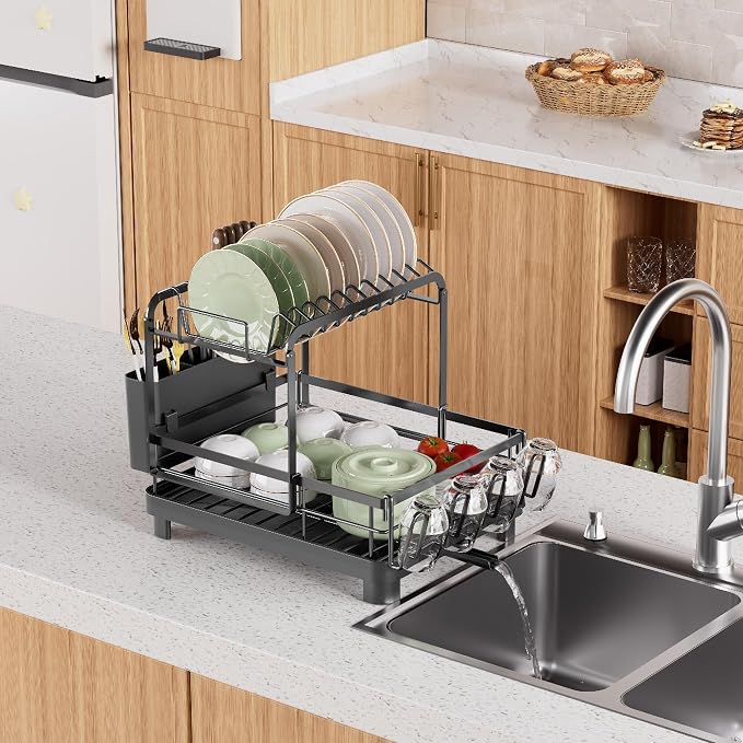 Runnatal 2-Tier Dish Drying Rack, Large Dish Drainers for Kitchen Counter | Anti-Rust Dish Rack with Drainboard, Utensil Holder, Extra Cup Holder, Black