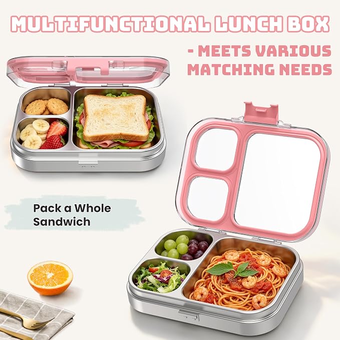 LOHASOK Stainless Steel Bento Lunch Box, 800ml, Pink | 3-Compartment, Leak Proof, Lightweight, Clear Plastic Lid, for Kids Adults, BPA/BPS Free, Dishwasher Safe