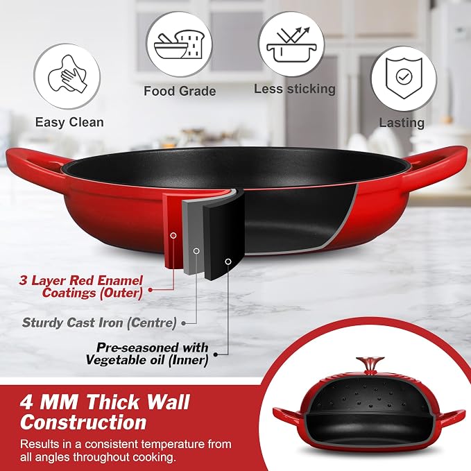 P&P CHEF Red Enameled Bread Dutch Oven for Sourdough, 5.5 QT | Cast Iron Dutch Oven Pot with Dome Lid for Homemade Bread Baking, Easy to Clean & Even Heat, Oven Safe