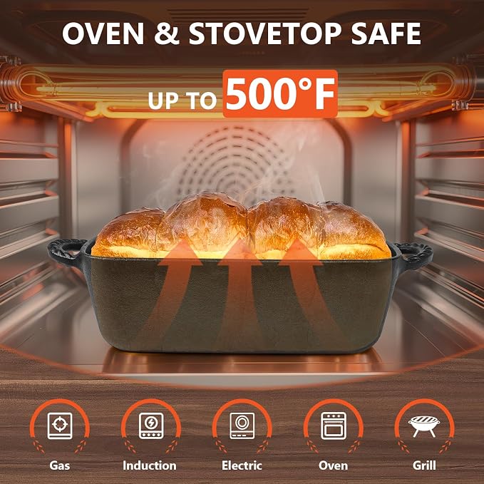 Cast Iron Loaf Pan 9.5x5 Inch, Pre-Seasoned Bread Baking Pan | Crispy Golden Crusts, Even Heat Distribution, Oven Mitts & Recipe Book Included, No Lid