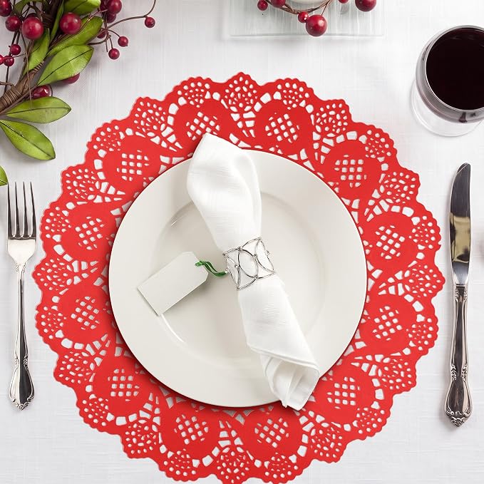MCEAST 100 Pack Round Red Paper Doilies 13.5 Inches Lace Paper Place Mats Rustic Scallop Doily Disposable Table Pads for Food Cakes Crafts Party Weddings Tableware Decor