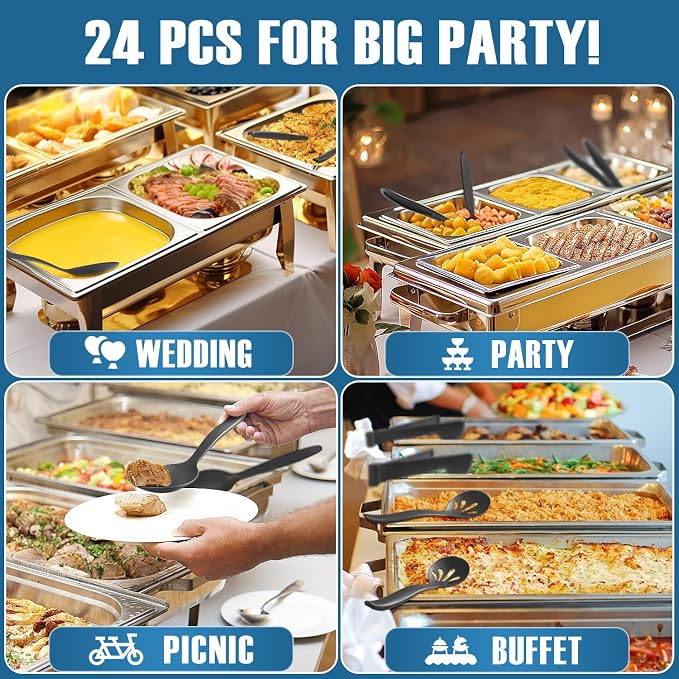 Reusable Plastic Serving Utensils Set of 24, Wheat straw Large Serving set 10" Serving Spoons/10" Slotted Spoons/9.4" Tongs, for Party Chafing Dish Buffet Catering (Black, Not for Cooking)