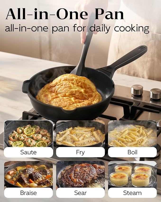 FDN 8" Ceramic Non Stick Frying Pans With Lid, Titanium Pans for Cooking, Non-Toxic PFAS-Free, Induction & Oven-Safe Cookware, Black For Daily Cooking