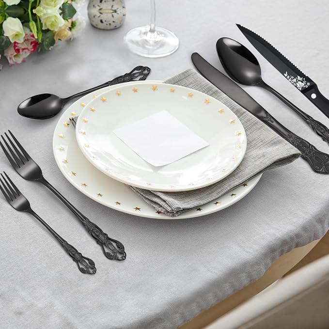 48 Pieces Black Gorgeous Retro Royal Silverware Set with Steak Knives For 8,Stainless Steel Fine Vintage Service Flatware Set Anti-rust Dark Unique Utensil Fork Spoon Knife, Dishwasher Safe