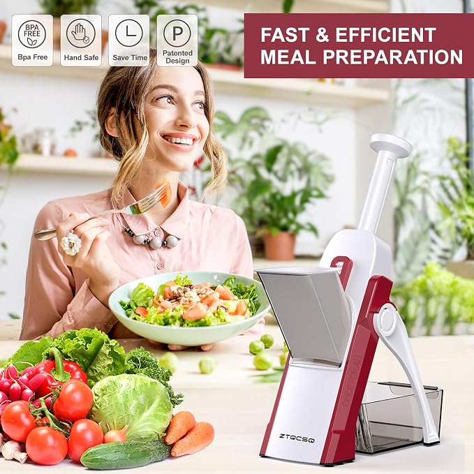 5 in 1 Adjustable Safe Mandoline Slicer for Kitchen with Paring Knife | Safe Mandoline Slicer for Kitchen, Easy to Clean/Storage, Potato Slicing, Strips, Shredding, Dicing, Chop, Cleaning brush