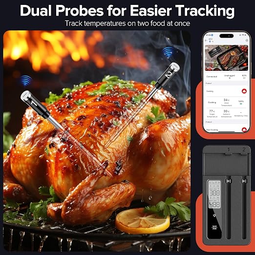 Smart Wireless Meat Thermometer with Dual Probes - Advanced Bluetooth Cooking Thermometer for Perfect Grilling, Smoking, Oven Roasting & Air Frying, Long Range Monitoring & Smart Alerts（Black