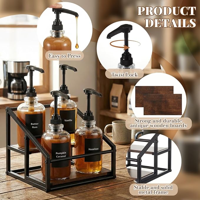 Coffee Bar Accessories, 4 Pack 16.9oz/500ml Coffee Syrup Dispenser with 1/4oz Pump, 2-tier Syrup Rack Organizer, Labels, Straw Brushes, Funnels for Kitchen Countertop, Wine, Dressing Storage