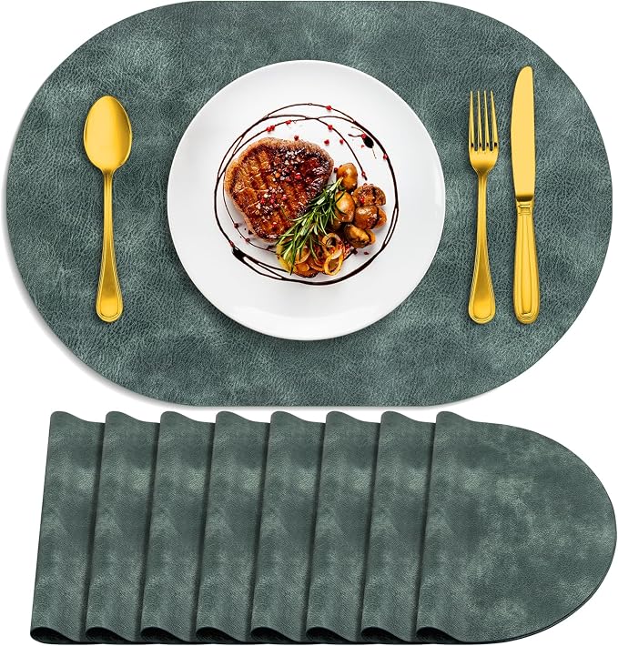 ADRIMER Placemats, Heat Resistant Oval Placemats Set of 8 Washable 12 x 17 Inch, Waterproof Table Mats, Wipeable Pu Place Mats for Kitchen, Dining Room, Blue & Green