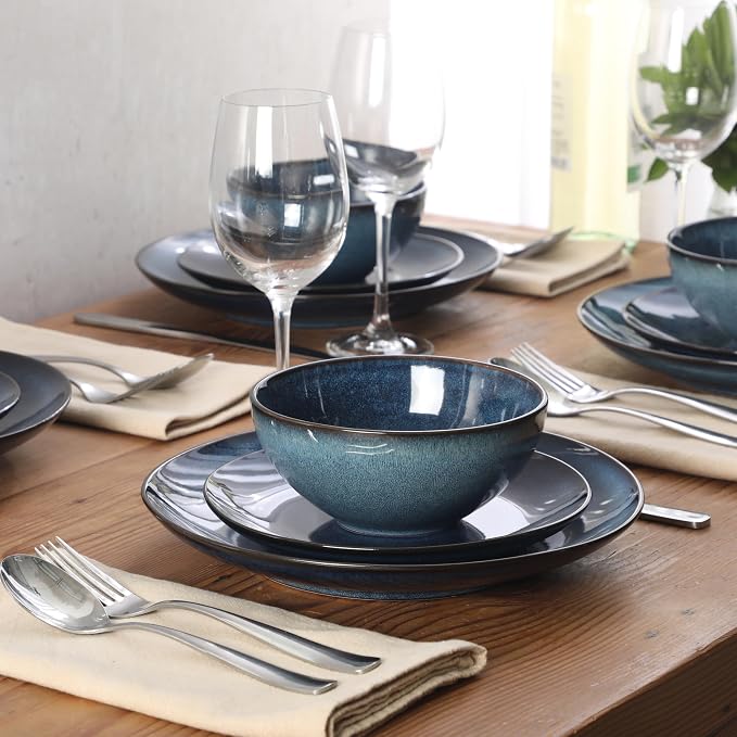 Gibson Elite Castle Peak Plates and Bowls Set, 12-Piece Dinnerware Set, Blue Reactive Glaze Stoneware Dishes, Dinner Plates, Salad Plates & Cereal Bowls