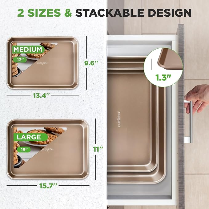 NutriChef 2-Piece Nonstick Stackable Cookie Sheet Set – Non-Toxic Carbon Steel Baking Pans – Heavy Duty, Warp-Resistant, Easy to Clean, Oven & Dishwasher Safe Bakeware