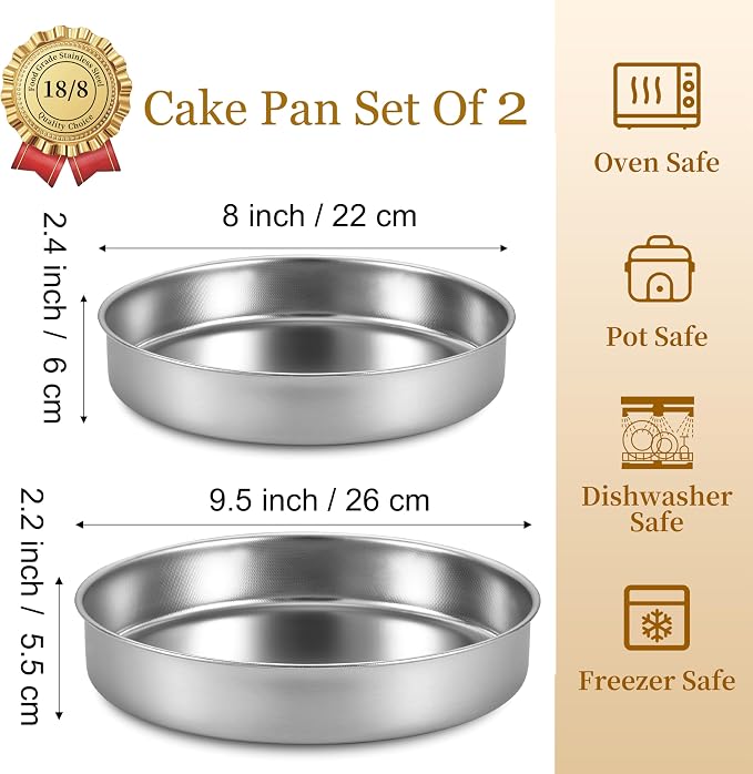 Inqibee 8-9.5 Inch Round Cake Pan Set, Stainless Steel Textured Bottom | Tri-ply Stainless Steel, Rolled Rim Layer Cake Bakeware, Oven & Dishwasher Safe, Healthy Non-Toxic for Birthday Wedding Cake