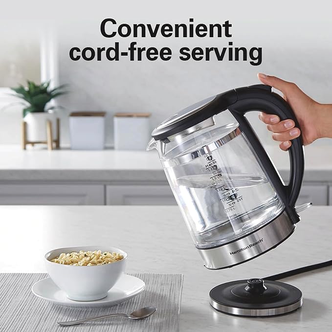 Hamilton Beach Double Wall 1.7L Electric Tea Kettle, Water Boiler & Heater | Fast Boiling 1500 Watts | BPA Free | Cordless Serving | Auto-Shutoff & Boil-Dry Protection | Color Change LED | Clear Glass