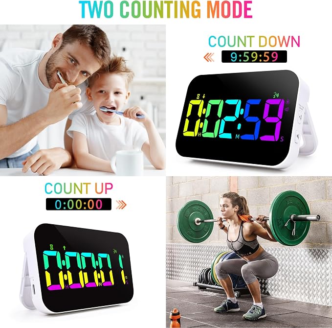 Kitchen Timer for Cooking, Rechargeable Digital Magnetic Timer with Large LED Display, Loud Alarm, Sound Countdown, 4 Volume Levels and 3 Brightness for Classroom, Study (RGB)