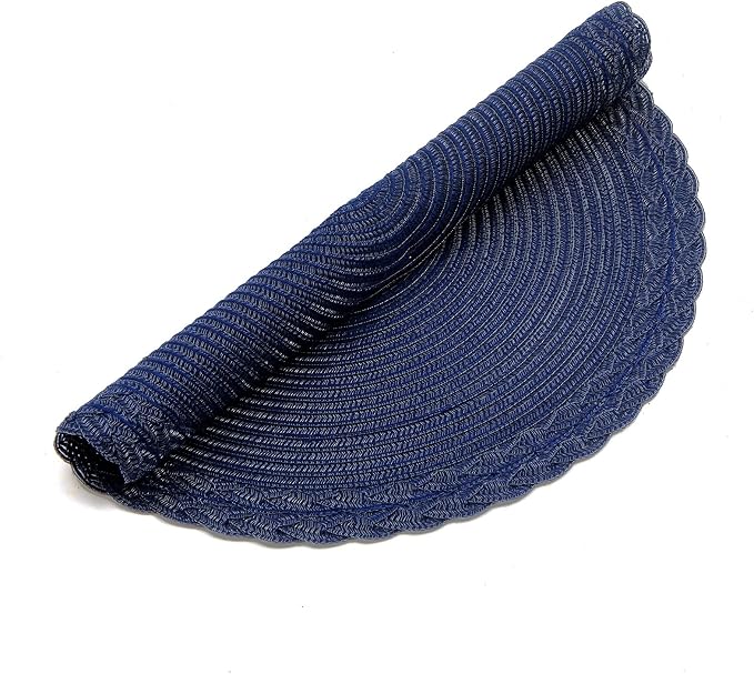 SHACOS Round Placemats Set of 6 Braided Border Fabric Woven Table Mats Washable 15 inch Circle Place Mats for Dining Table, Navy Blue