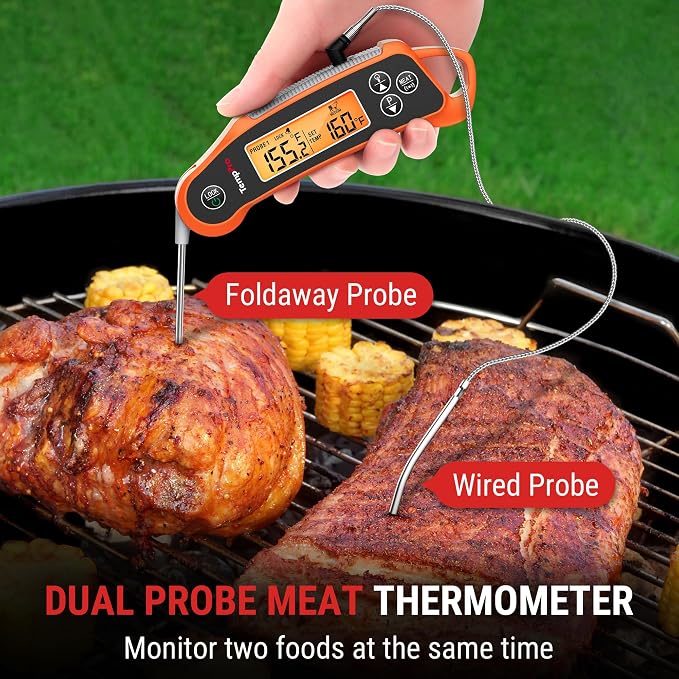 TempPro TempSwift 2 Probes Meat Thermometer Digital with 2 Display Channels | IP65 Waterproof Food Thermometer with 7 Target Temp Settings, instant read meat thermometer for Cooking BBQ Oven Smoker