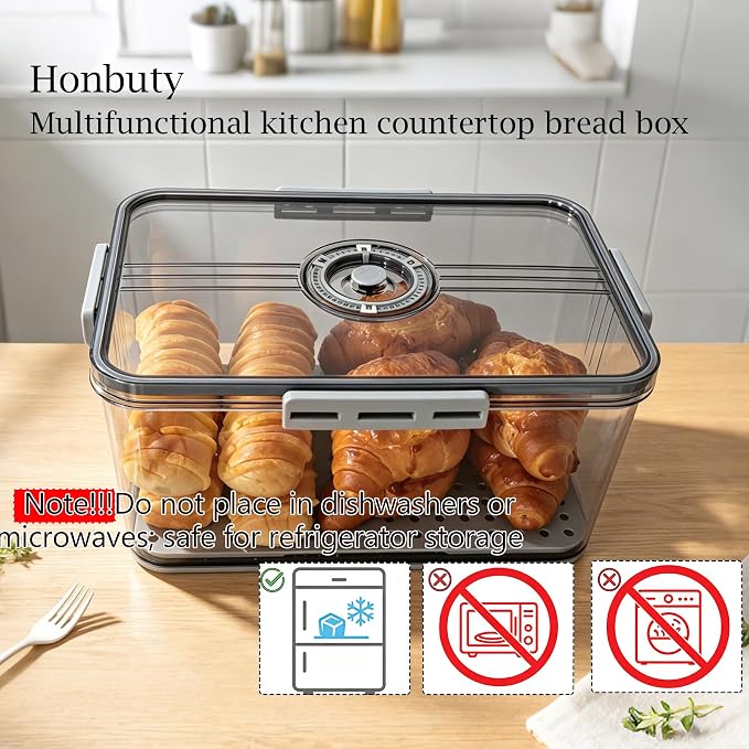 Bread Box Bread Boxes with Lid for Kitchen Counter, Airtight Loaf Bread Storage Container,Large Time Recording Bread Keeper for Homemade Bread, Toast, Bagel, Donut and Cookies ,Not dishwasher safe