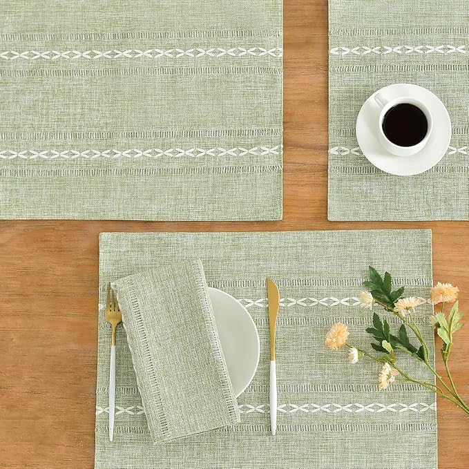 Wracra Cotton Linen Place Mats, Sage Green Embroidered Placemats Set of 8 | Placemats 12 x 18 Inch; Cotton Linen Woven Fabric; Heat Resistant Table Mats; Raised Embroidered Hollow Design