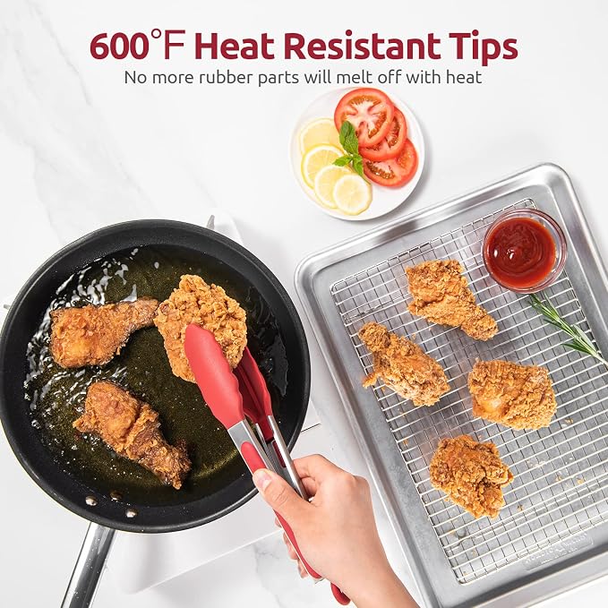 U-Taste Kitchen Tong for Cooking, 600ºF Heat-Resistant Silicone, 9in/Red | Rubber Tong for Serving Food, Salad/Grill/BBQ/Steak/Pasta Silicon Tongs, 18/8 Stainless Steel Handle & Smooth Locking