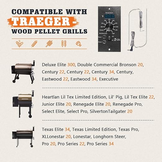 Digital Thermostat Controller Replacement Compatible with Traeger Wood Pellet Grills, with 2-Packs Meat Temperature Probe | 8 Advanced Temperature Levels, Replace BAC365, Color-Coded Wiring for Easy Installation, High accuracy, LED Digital Display