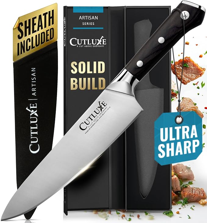 Cutluxe Chef Knife 8" – German High Carbon Steel Kitchen Knife, Full Tang | Ergonomic handle with sheath included; hand-sharpened blade at 56 HRC; slices meat, sushi and vegetables with ease