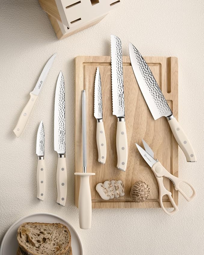 14-Piece Cream German Steel Kitchen Knife Block Set | Hammered Non-Stick Blades with 10° Precision Edge. Features Triple-Riveted Full Tang Handles, Shears & Natural Wood