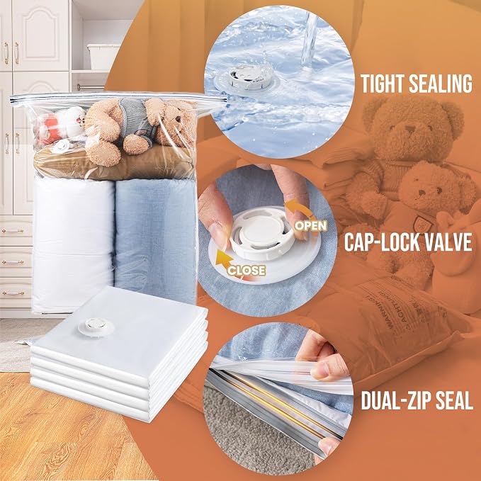 TAILI 12 Pack Vacuum Storage Bags, Jumbo Size (31×40 inch), Cream | Vacuum Seal Bags for Clothing, Extra Large Space Saver for Bulky Beddings, Comforters, Blankets, Pillows, Reusable