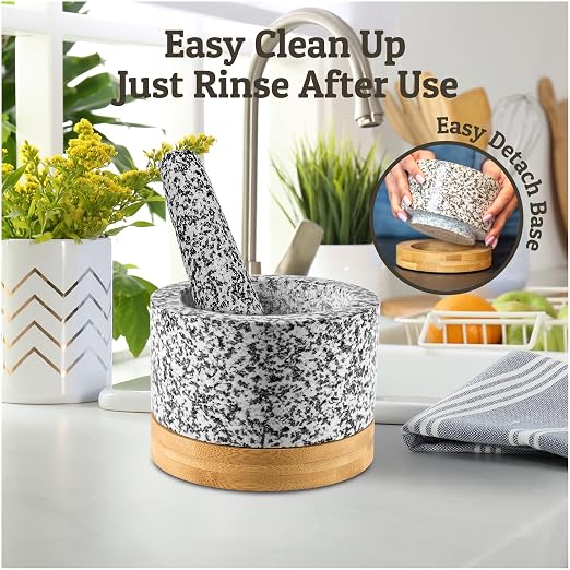 PriorityChef Heavy Duty Mortar and Pestle Set with Bamboo Base, 100% Natural Granite Stone Grinder, Guacamole Bowl and Masher, 1.5 Cups, White
