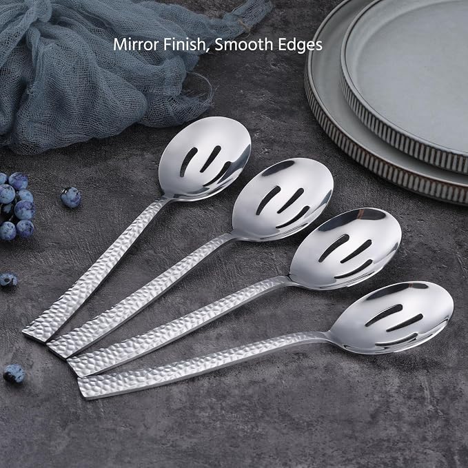 E-far Hammered Slotted Serving Spoons, 4-Piece Stainless Steel Tablespoons Hostess Serving Utensils Set for Catering Buffet Party Wedding Kitchen Restaurant, Dishwasher Safe