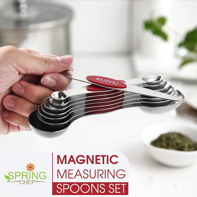 Spring Chef Stainless Steel 8 Magnetic Measuring Spoons Set, 2 Pack, Red | Nesting Teaspoon & Tablespoon Measuring Spoons w/ Leveler for Dry & Liquid Ingredients, Measure Spoons For Baking & Cooking