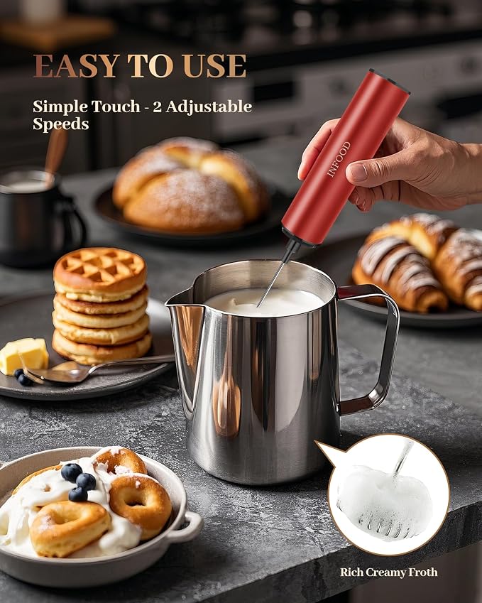 INFOOD Rechargeable Milk Frother with Cover, 2-Speed, 2 Whisks, Red | Stainless Steel Body and Whisks, 2 Detachable Heads, for Lattes, Cappuccinos, Hot Chocolate, and Egg