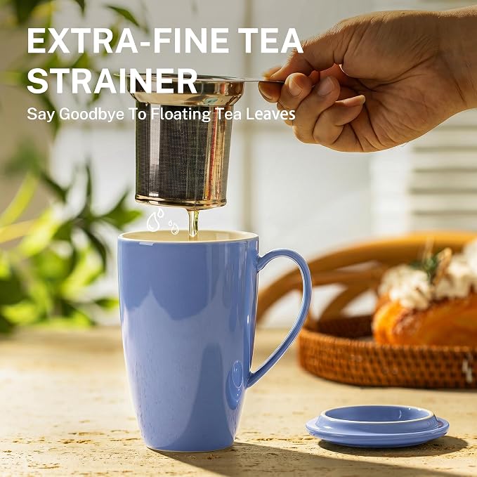 Sweese 15 OZ Porcelain Tea Mug with Infuser and Lid, Loose Leaf Tea Cup, Gifts for Tea Lover, Dusty Blue