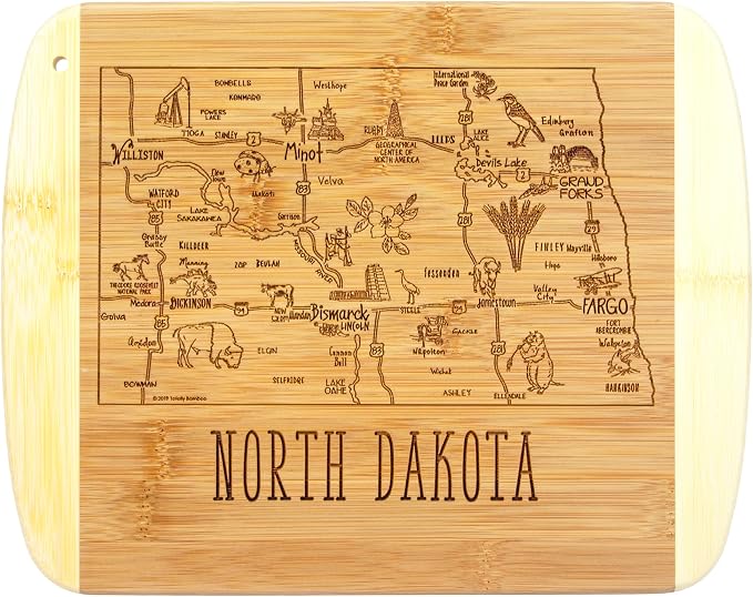 Totally Bamboo A Slice of Life North Dakota Engraved Map Cutting Board | 11” x 8.75” charcuterie board with engraved state map artwork. Smooth reverse side for food prep. Hang tie for wall display.