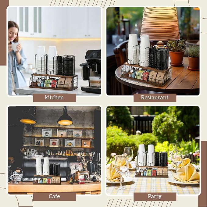 18oz Adjustable Coffee Cup Dispenser with Wooden Base, Cup and Lid Holder, Cups Holder Organizer for Coffee Pod Straw and Lid Storage(4-compartment Double,Color 1)