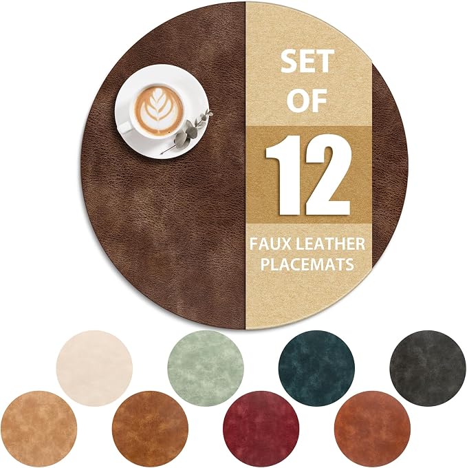 ADRIMER Placemats, Heat Resistant Round Placemats Set of 12 Washable, Waterproof Table Mats, Wipeable Faux Leather Place Mats for Kitchen, Dining Room, Brown