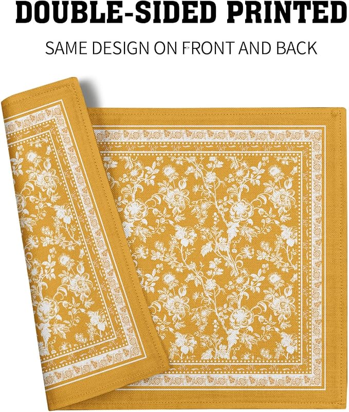 Rustic Yellow Vintage Flowers Placemats Set of 4，Chinoiserie Floral Branches Decoration Table Mat Washable Non-Slip Place Mats 12 x 18 Inch for Party Kitchen Dining