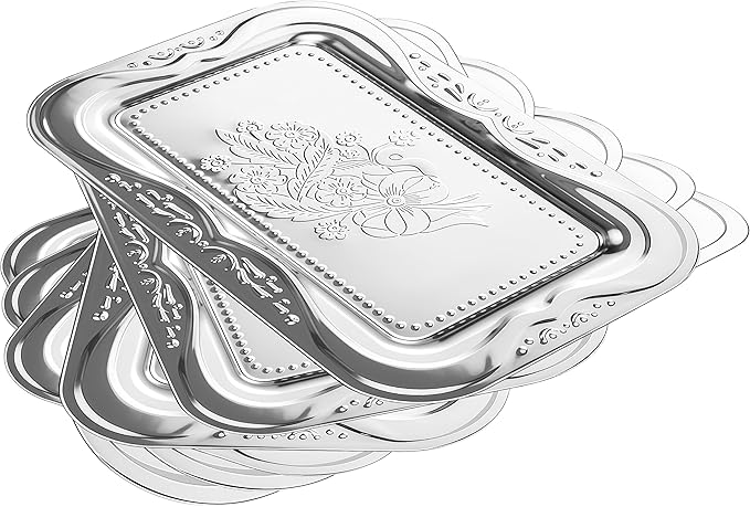 Silver Serving Tray Set of 6, 14 x 9 Inch Silver Platters for Serving Food Party, Bow Floral Engraved Mirror Trays for Charcuterie Cookies Desserts Snacks Fruit, Weddings Birthdays Festive Occasions