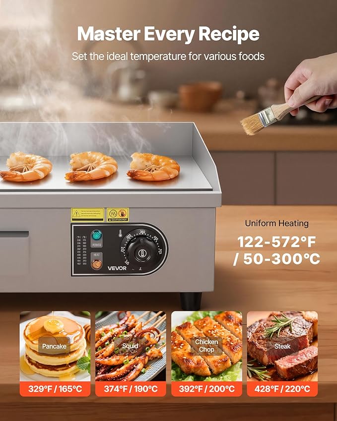 VEVOR Commercial Electric Griddle, 18", Countertop Flat Top Griddle, Stainless Steel Teppanyaki Grill w/Iron Cooking Plate, 122-572℉ Adjustable Temp Control, 2 Shovels & Brushes
