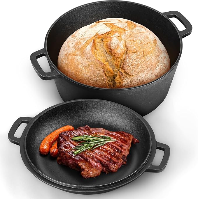 P&P CHEF 2 In 1 Black Dutch Oven Pot with Lid for Bread Baking, 5Qt | Cast Iron Bread Dutch Oven, Skillet & Pot for Roasting Braising Stewing Frying Simmering, Multi Stoves & Oven Safe