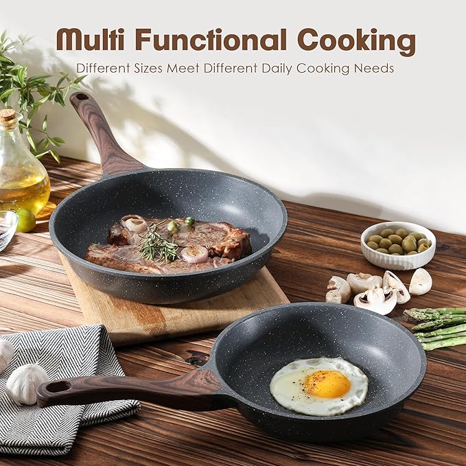 SENSARTE Nonstick Frying Pans, Grey(8+10 Inch) | Swiss Granite Coating, Free of PFOA&PFOS, Compatible with All Stoves Including Induction Cooktops, Easy to Clean