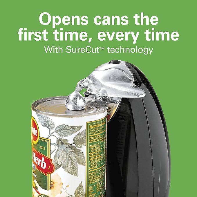 Hamilton Beach Classic Chrome Electric Can Opener with Automatic Shutoff | Patented SureCut Technology Easily Aligns Can | Knife Sharpener | Cord Storage | Extra Tall | Black | 76380J