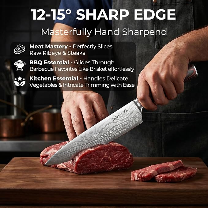 DiiHAUZZ 8 Inch Chef Knife, High Carbon Stainless Steel Kitchen Knife | Ultra Sharp 12-15° Edge, Ergonomic Handle, No Crack No Shrink Pakkawood, Great Edge Retention, 59HRC, Sheath & Gift Box