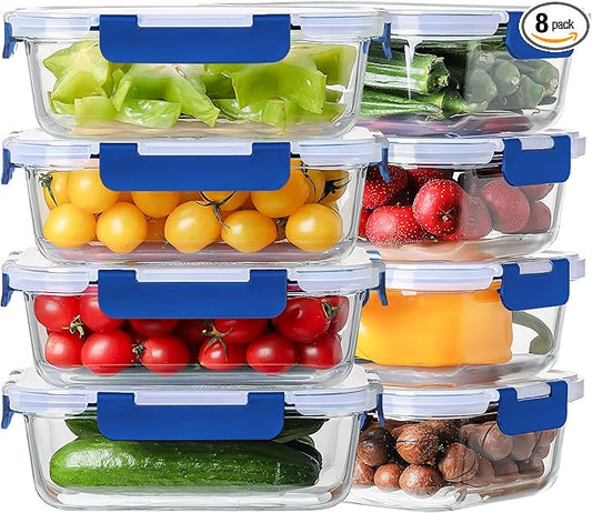 8-Pack 36oz Large Glass Meal Prep Containers with Leakproof Snap-Lock Lids | Borosilicate Glass Food Storage Containers and Bento Boxes , BPA-Free, Oven, Freezer and Dishwasher Safe-Deep Blue