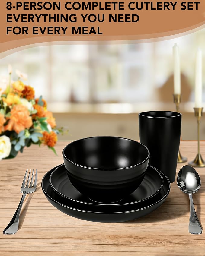 48 Piece Plates and Bowls Sets for 8- Unbreakable Wheat Straw Dinnerware Sets Includes Stainless Steel Forks for Picnic Camping Outdoor Kitchen and Apartment Dinning RV Essentials-Black