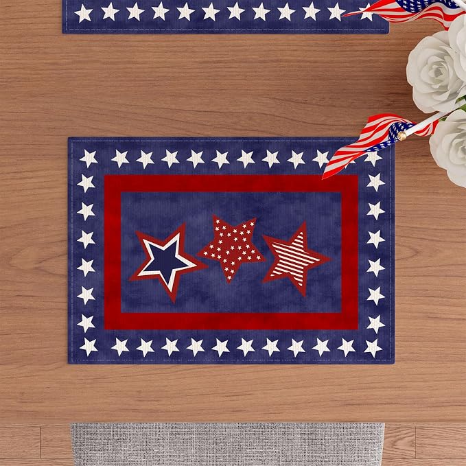 XCHI Blue Patriotic Red White Stars America 4th of July Memorial Day Independence Day Placemats Set of 4 Table Mats Decorations 12x18 Inch