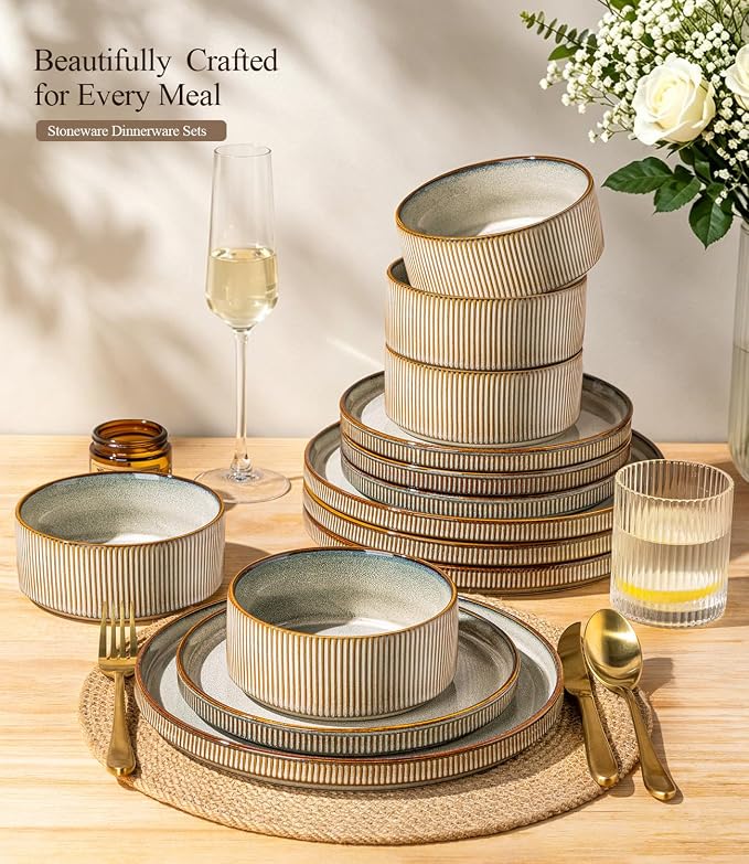GBHOME Stoneware Dinnerware Sets for 4, 12-Piece Plates and Bowls Set | Handmade Reactive Glaze Ceramic Dish Set, Scratch Resistant, Dishwasher&Microwave Safe,Green Wheat