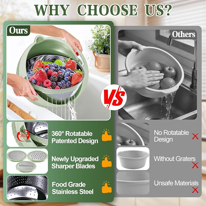 4-1 Colander with Fruit Bowl Set - Colander for Kitchen, Rotatable Strainers and Colanders(Patented), Pasta Strainer with New Upgraded Graters for Fruit, Veggie, Aesthetic Kitchen Essentials - Green