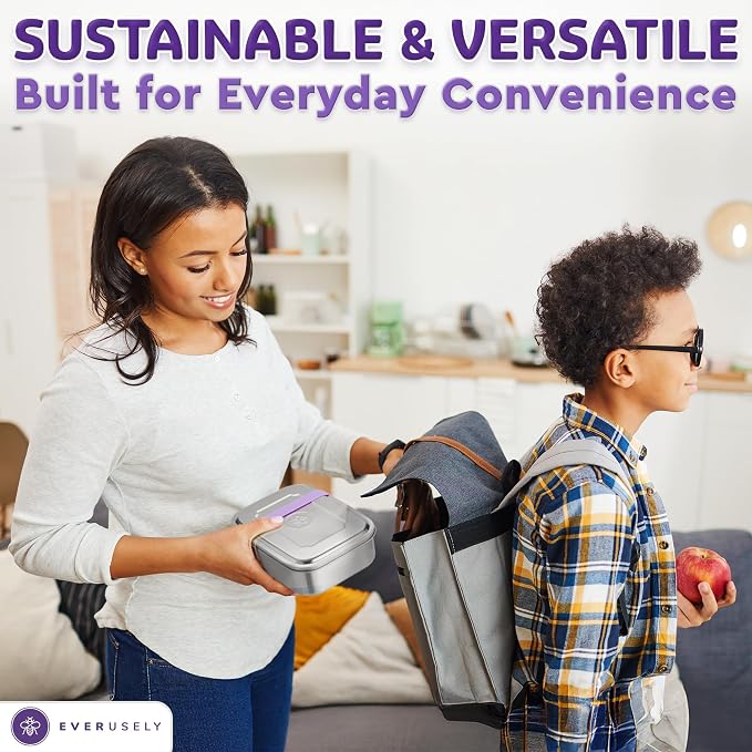 Stainless Steel Bento Box + Condiment Container - Lavender, 60oz / 1.8 L | Everusely extra large metal lunch box, leakproof sauce container, 3 compartment snack organizer, freezer & dishwasher safe