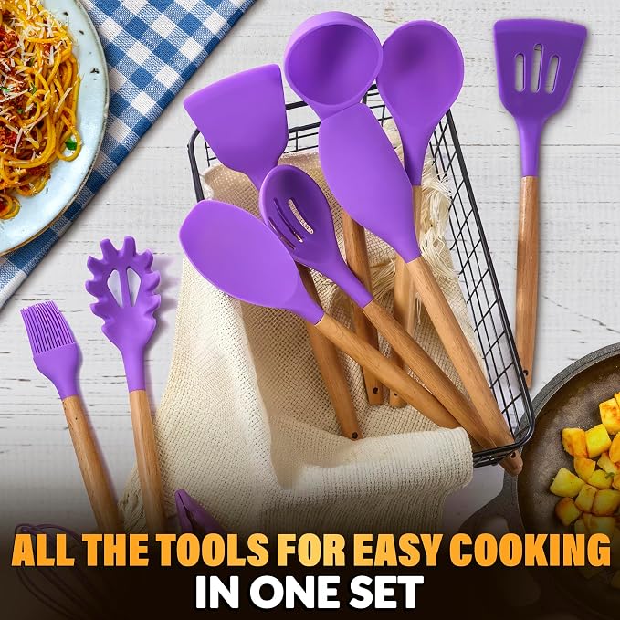12 Pcs Purple Kitchen Accessories with Holder for Nonstick Cookware | Silicone Cooking Utensils Set for BBQ; Heat-Resistant Tools with Wooden Handles for Baking, Serving, Frying, and Mixing