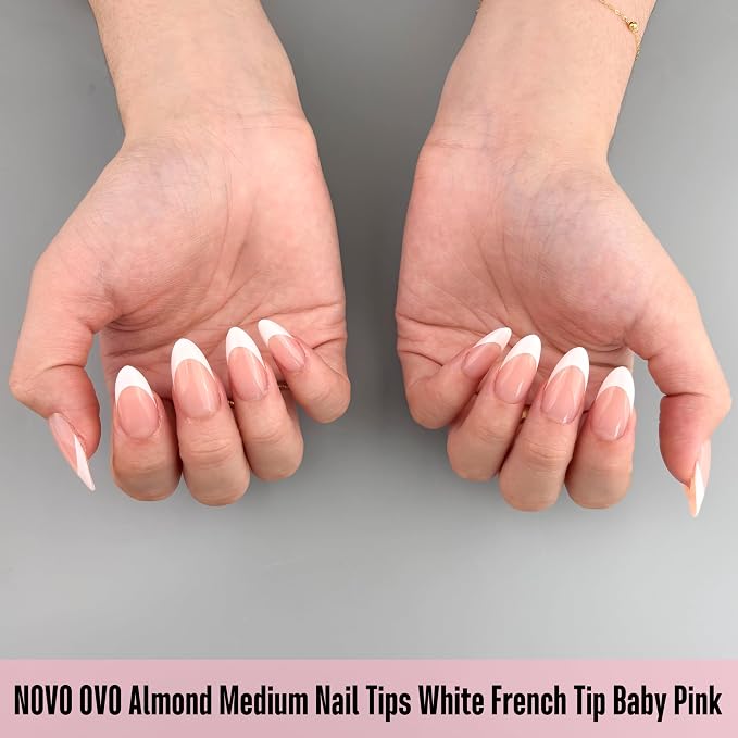NOVO OVO White French Tip Almond Nail Tips Press on BABY PINK, Extra Thick Medium Soft Gel Fake Nail Acrylic Extension, Need Builder Gel Top Coat, No Glue Included, for Salon DIY x 15 Sizes 240 pcs
